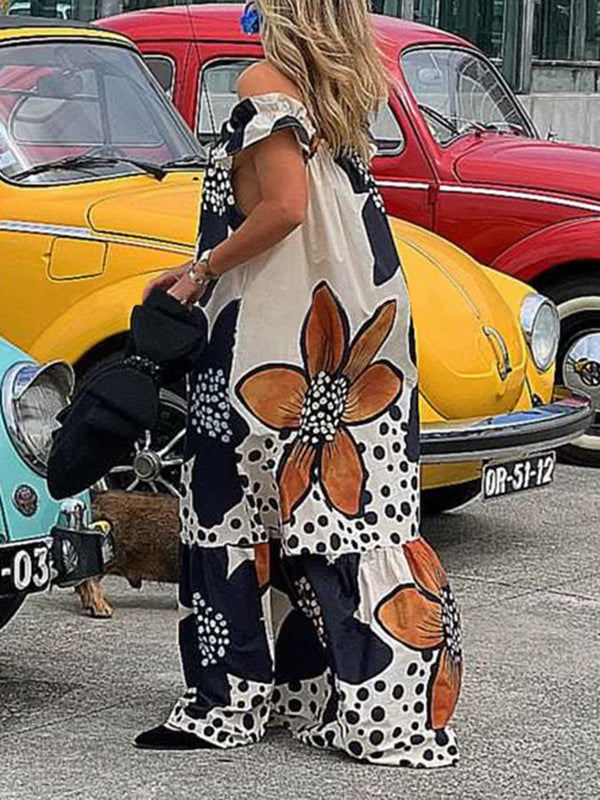 Loose Short Sleeves Flower Print Split-Joint Off-The-Shoulder Maxi Dresses