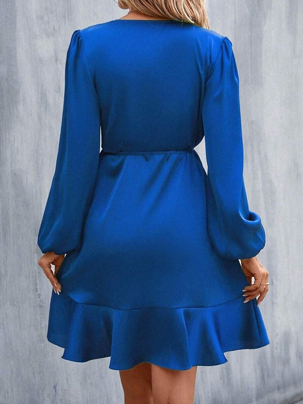 High Waisted High-Low Elasticity Pleated Solid Color Split-Joint Tied V-Neck Mini Dresses