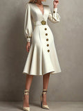 Loose Puff Sleeves Pleated Split-Joint Tied Waist V-Neck Midi Dresses