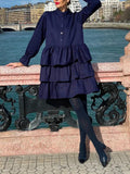 Flared Sleeves Long Sleeves Buttoned Elasticity Layered Solid Color V-Neck Mini Dresses