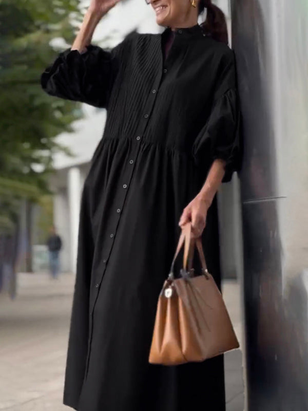Half Sleeves Loose Buttoned Pleated Solid Color Tied Waist Stand Collar Maxi Dresses