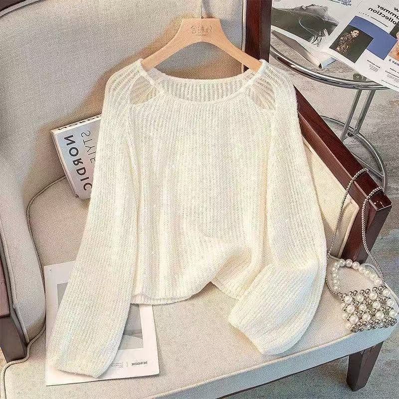 Casual Spring Knit Top for Women, Long Sleeve with Hollow Detailing