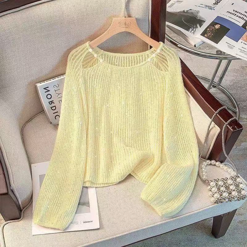 Casual Spring Knit Top for Women, Long Sleeve with Hollow Detailing