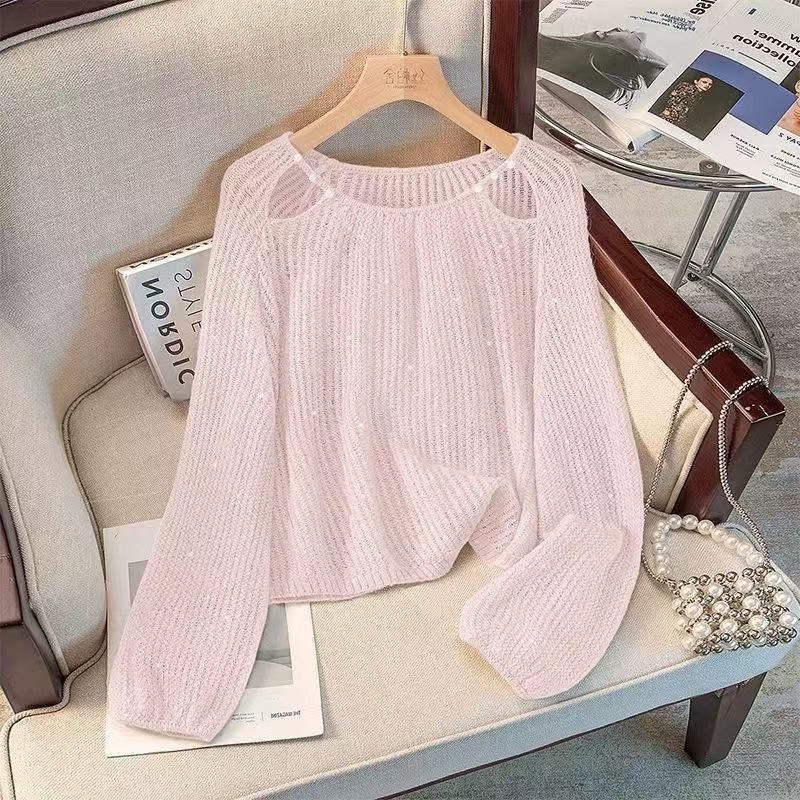 Casual Spring Knit Top for Women, Long Sleeve with Hollow Detailing
