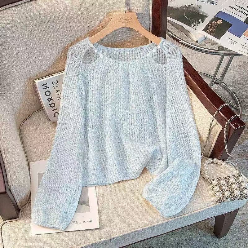 Casual Spring Knit Top for Women, Long Sleeve with Hollow Detailing