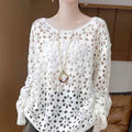 Casual Spring Knit Top for Women, Hollow Design, Round Neck, Long Sleeve