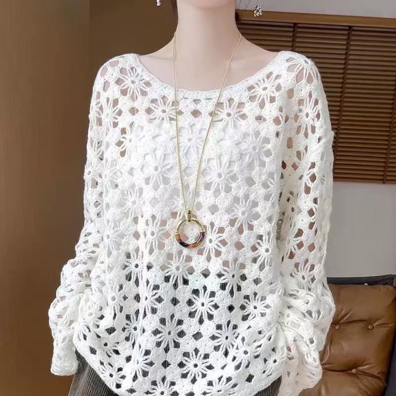 Casual Spring Knit Top for Women, Hollow Design, Round Neck, Long Sleeve