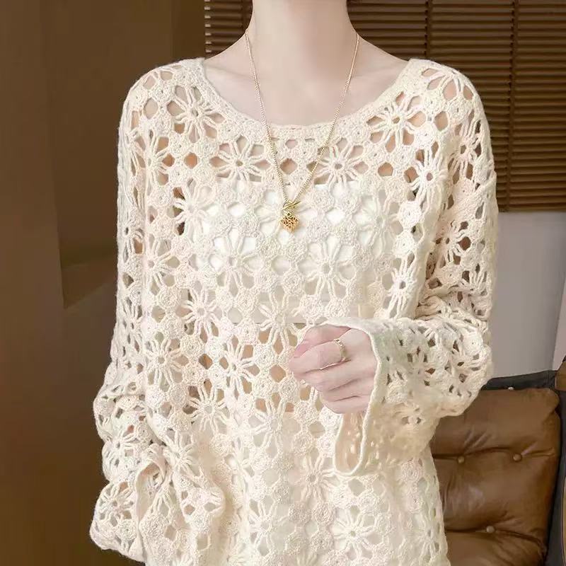 Casual Spring Knit Top for Women, Hollow Design, Round Neck, Long Sleeve