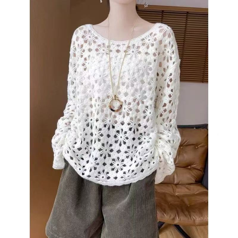 Casual Spring Knit Top for Women, Hollow Design, Round Neck, Long Sleeve