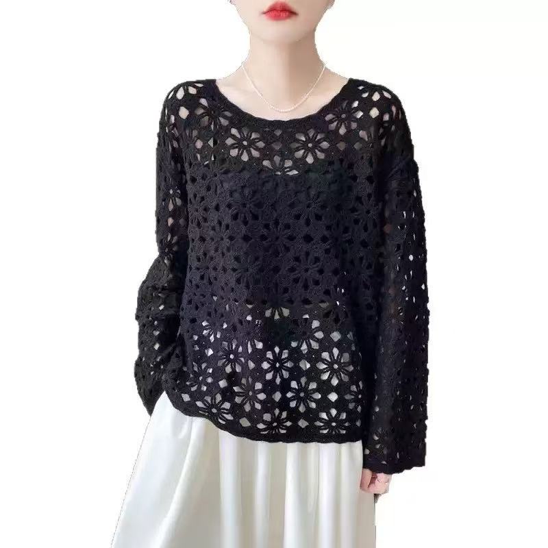 Casual Spring Knit Top for Women, Hollow Design, Round Neck, Long Sleeve