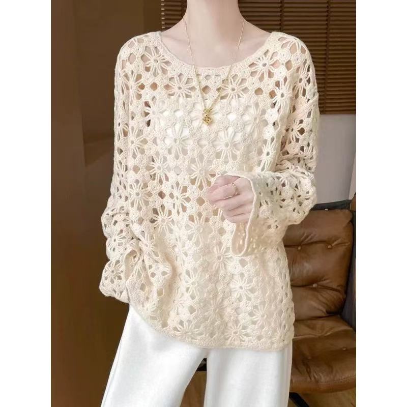 Casual Spring Knit Top for Women, Hollow Design, Round Neck, Long Sleeve