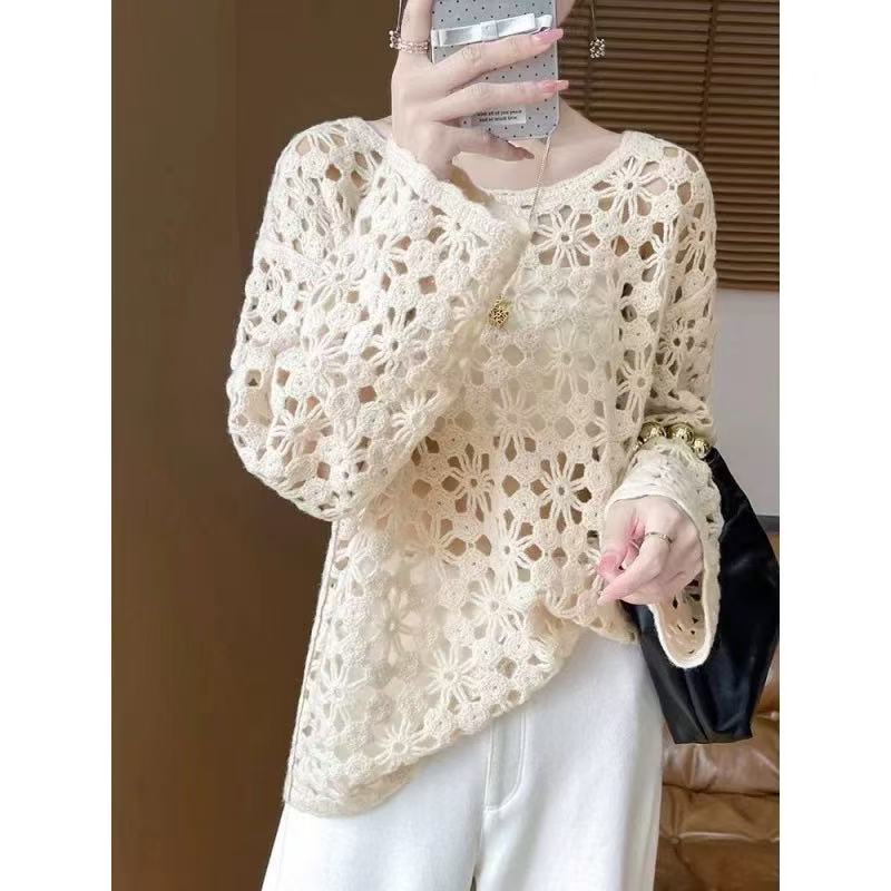 Casual Spring Knit Top for Women, Hollow Design, Round Neck, Long Sleeve