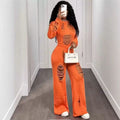 Women’s Relaxed Flare Pants Set with Distressed and Hollow Design