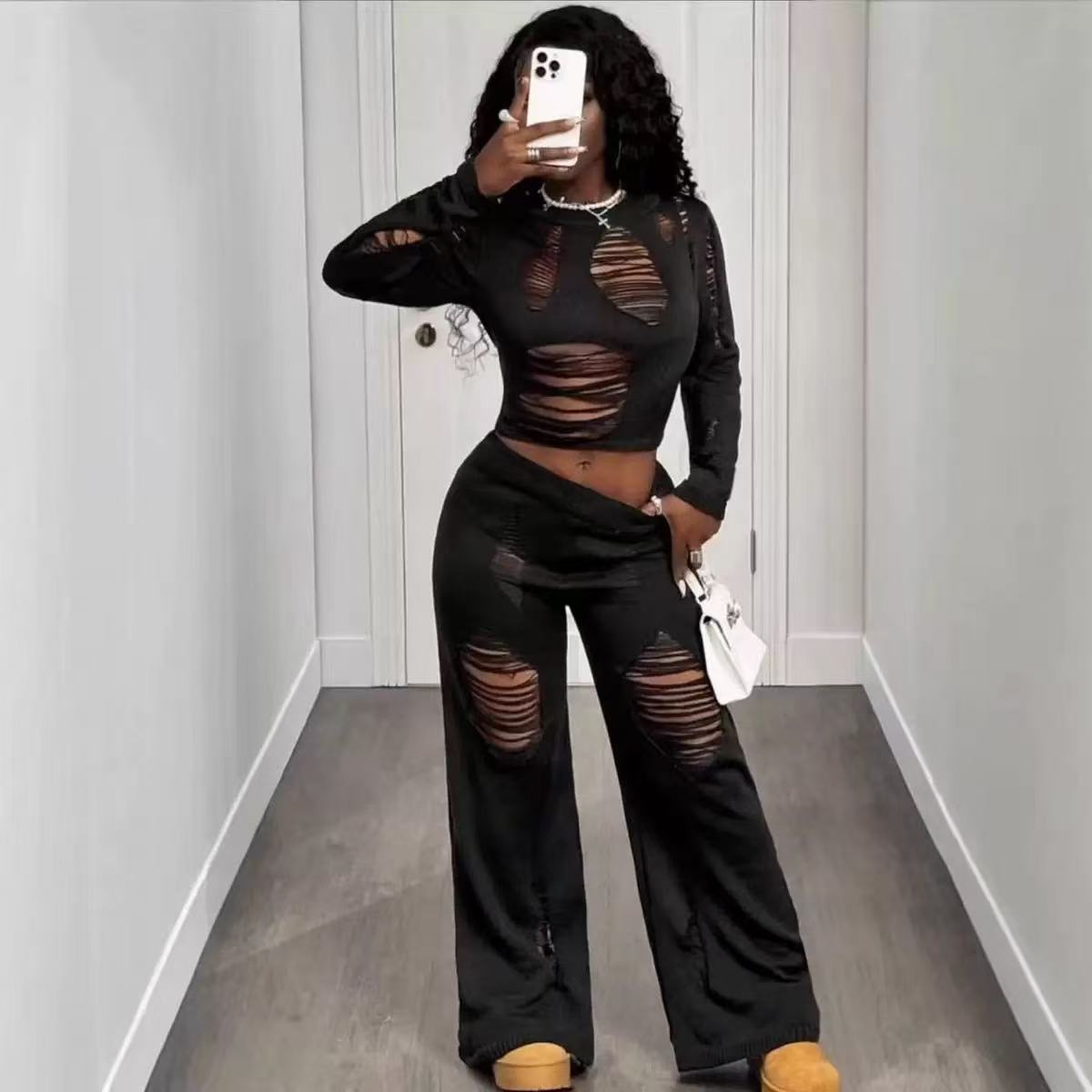 Women’s Relaxed Flare Pants Set with Distressed and Hollow Design