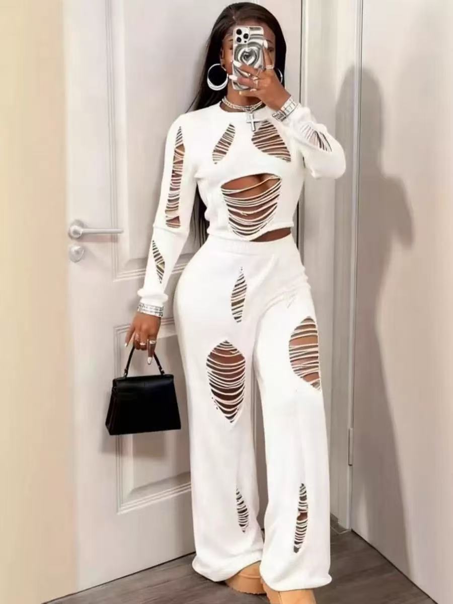 Women’s Relaxed Flare Pants Set with Distressed and Hollow Design