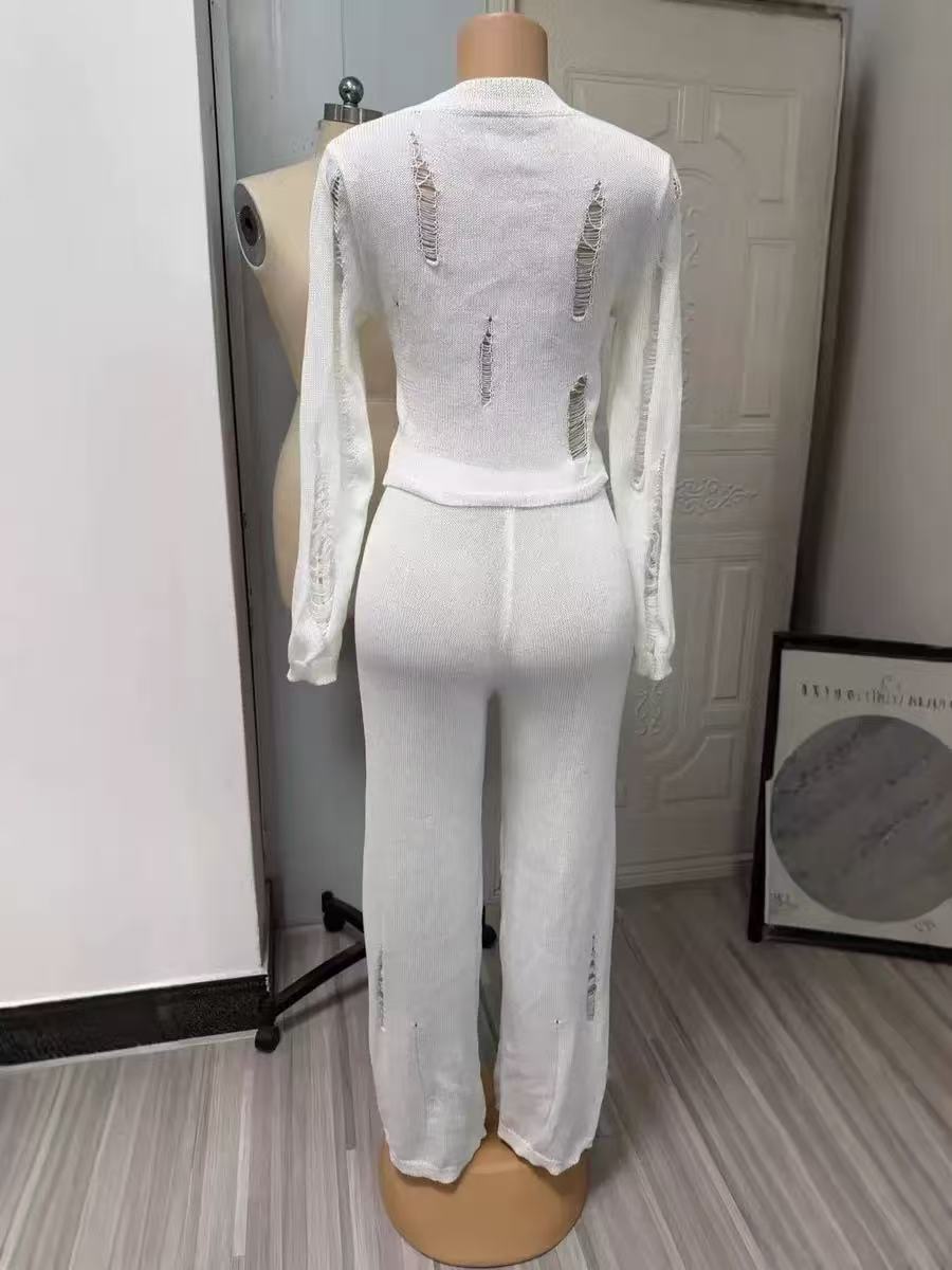 Women’s Relaxed Flare Pants Set with Distressed and Hollow Design
