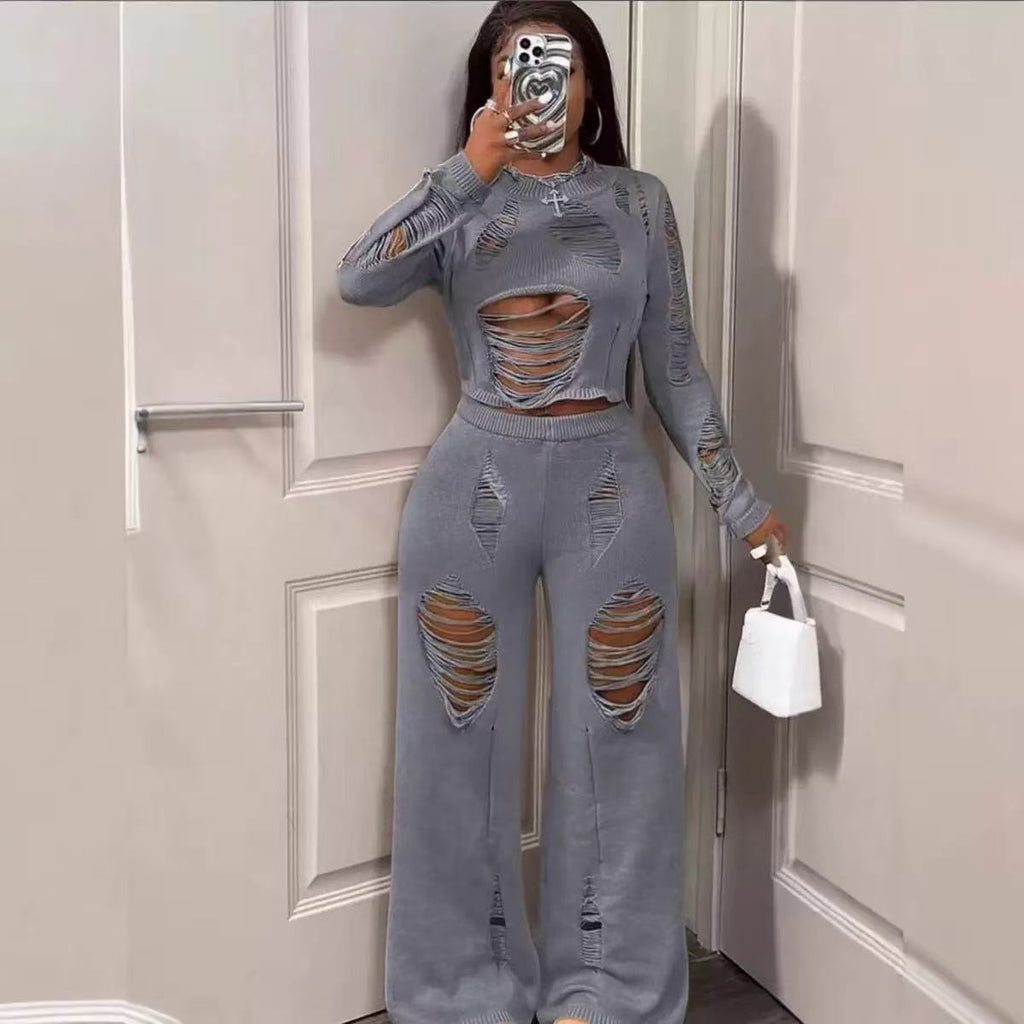 Women’s Relaxed Flare Pants Set with Distressed and Hollow Design