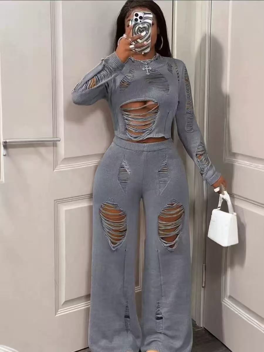Women’s Relaxed Flare Pants Set with Distressed and Hollow Design