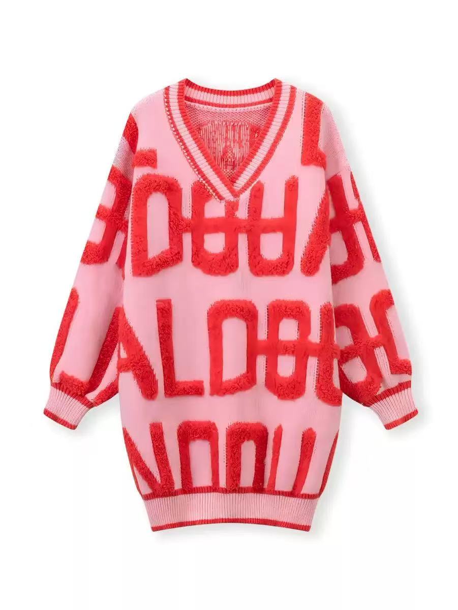 Casual Letter Print Knit Sweater, Loose Fit