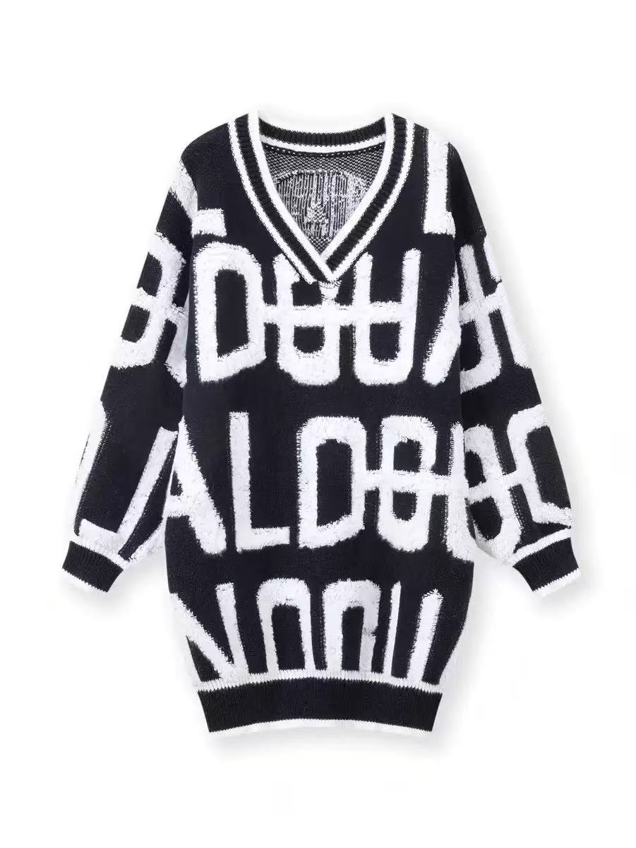 Casual Letter Print Knit Sweater, Loose Fit