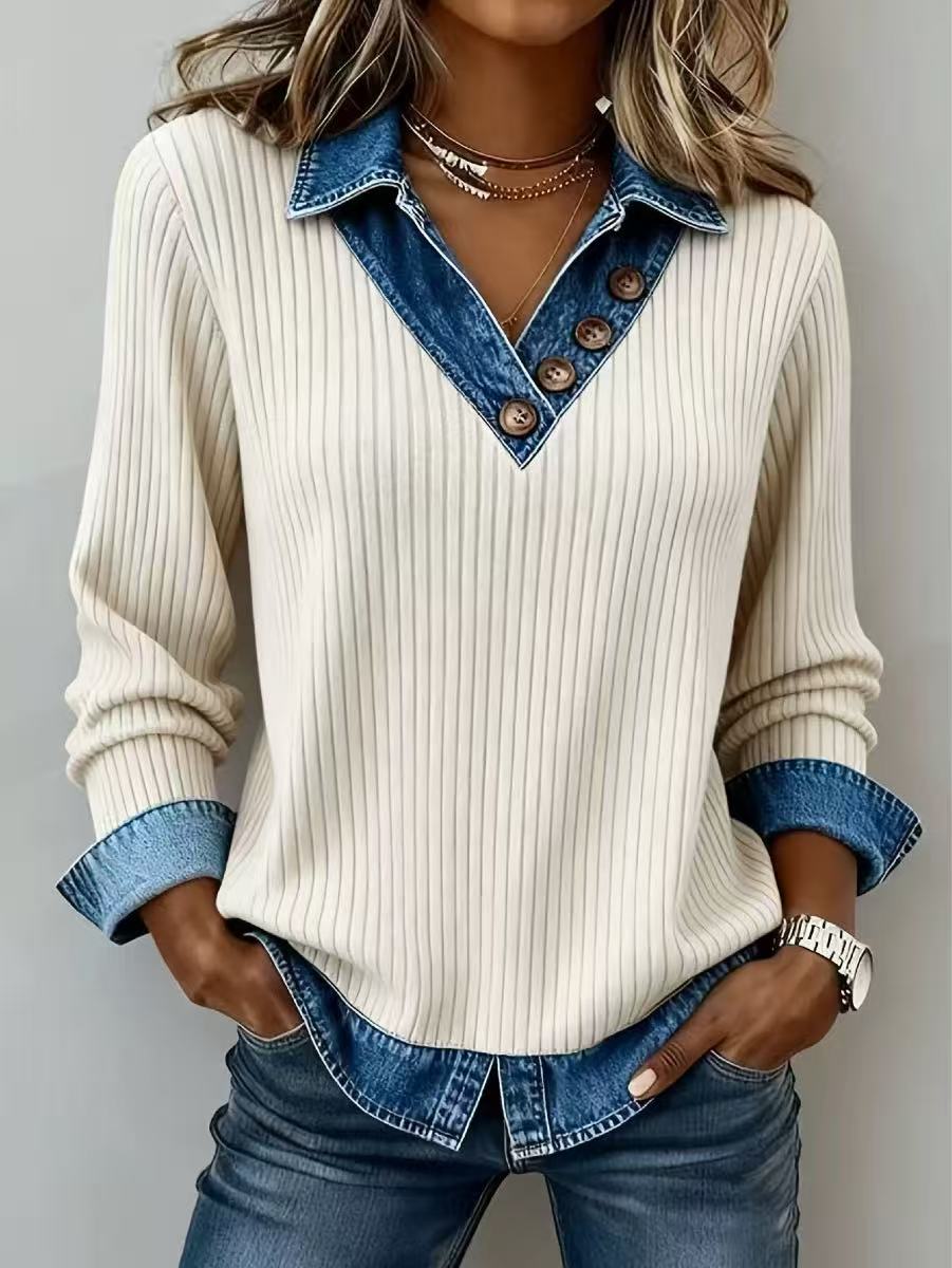 Women’s Patchwork Knit Sweater with Denim Panel, Long Sleeve