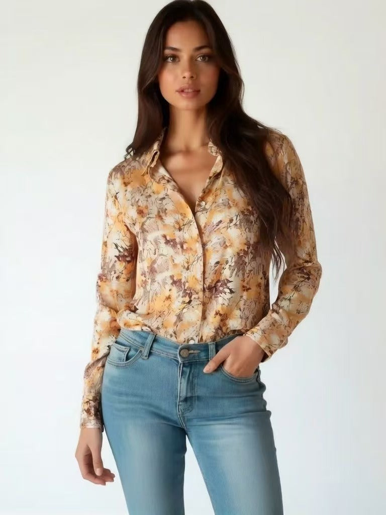 Women’s Casual Floral Print Shirt, Long Sleeve Top