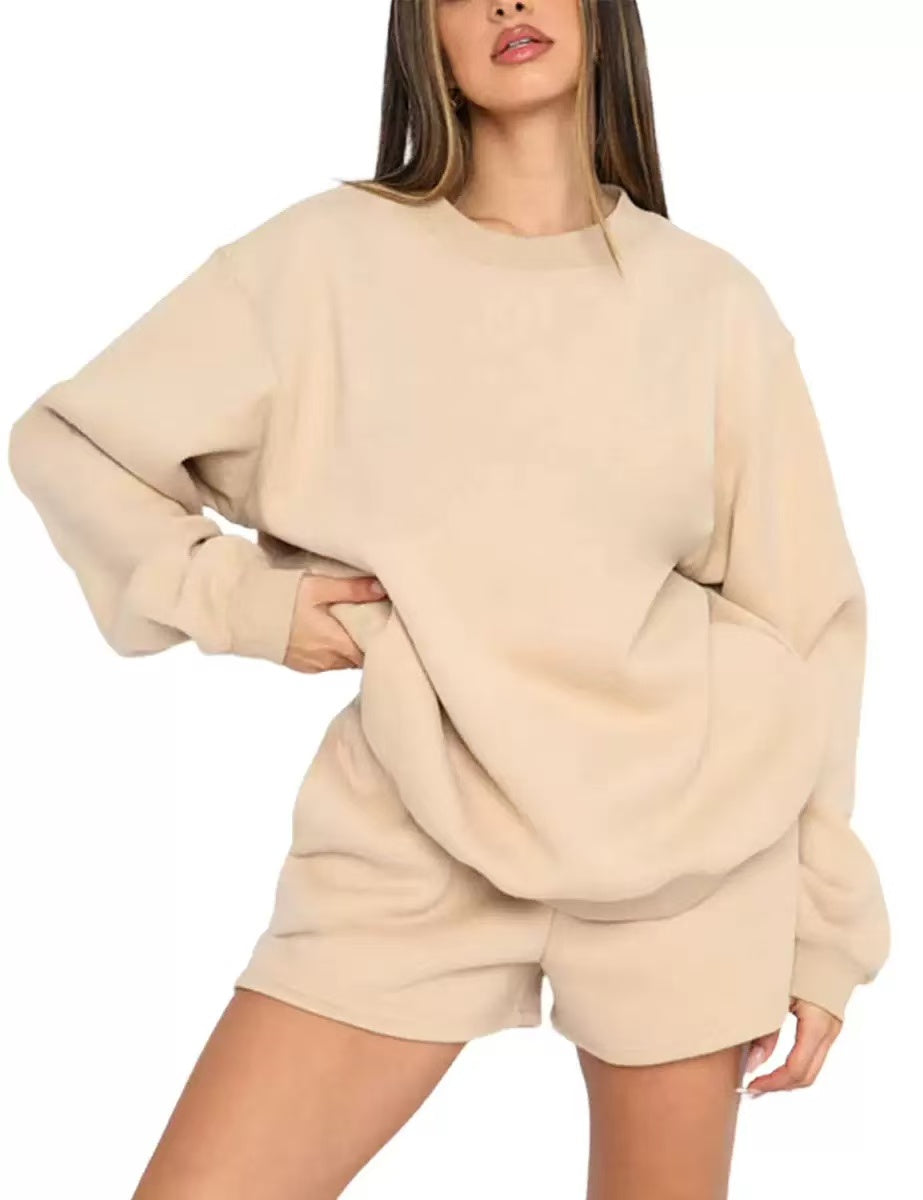 Women’s Solid Color Sweatshirt and Shorts Set, Long Sleeve