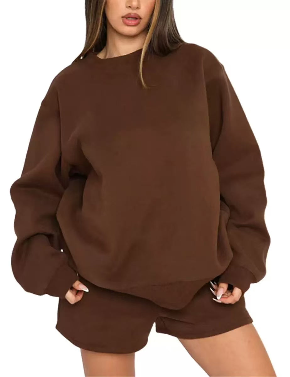 Women’s Solid Color Sweatshirt and Shorts Set, Long Sleeve