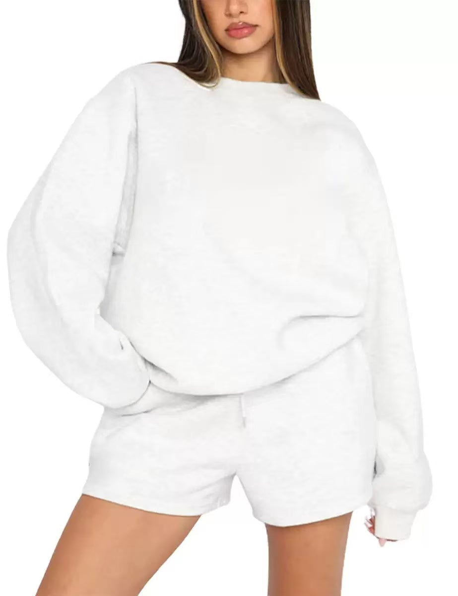 Women’s Solid Color Sweatshirt and Shorts Set, Long Sleeve