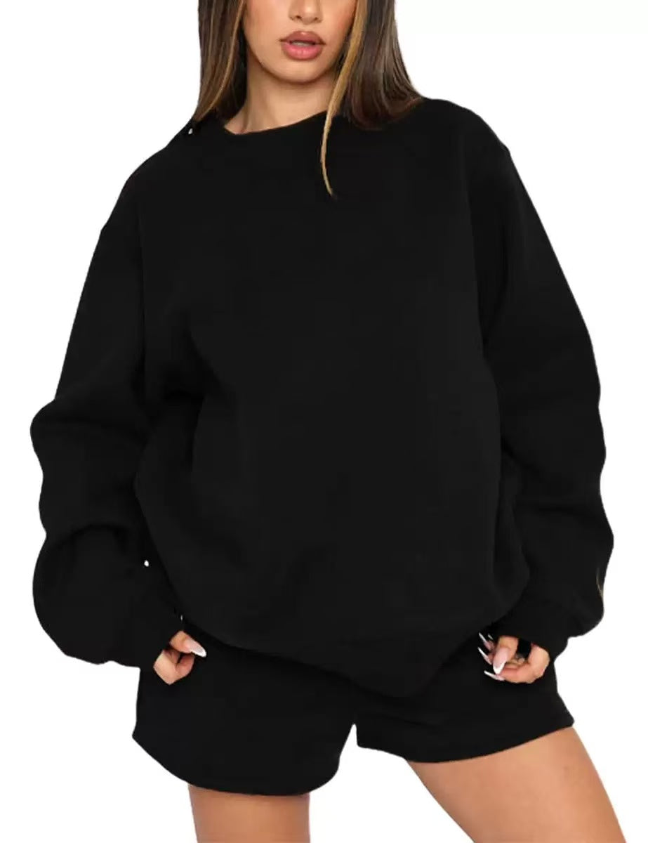 Women’s Solid Color Sweatshirt and Shorts Set, Long Sleeve