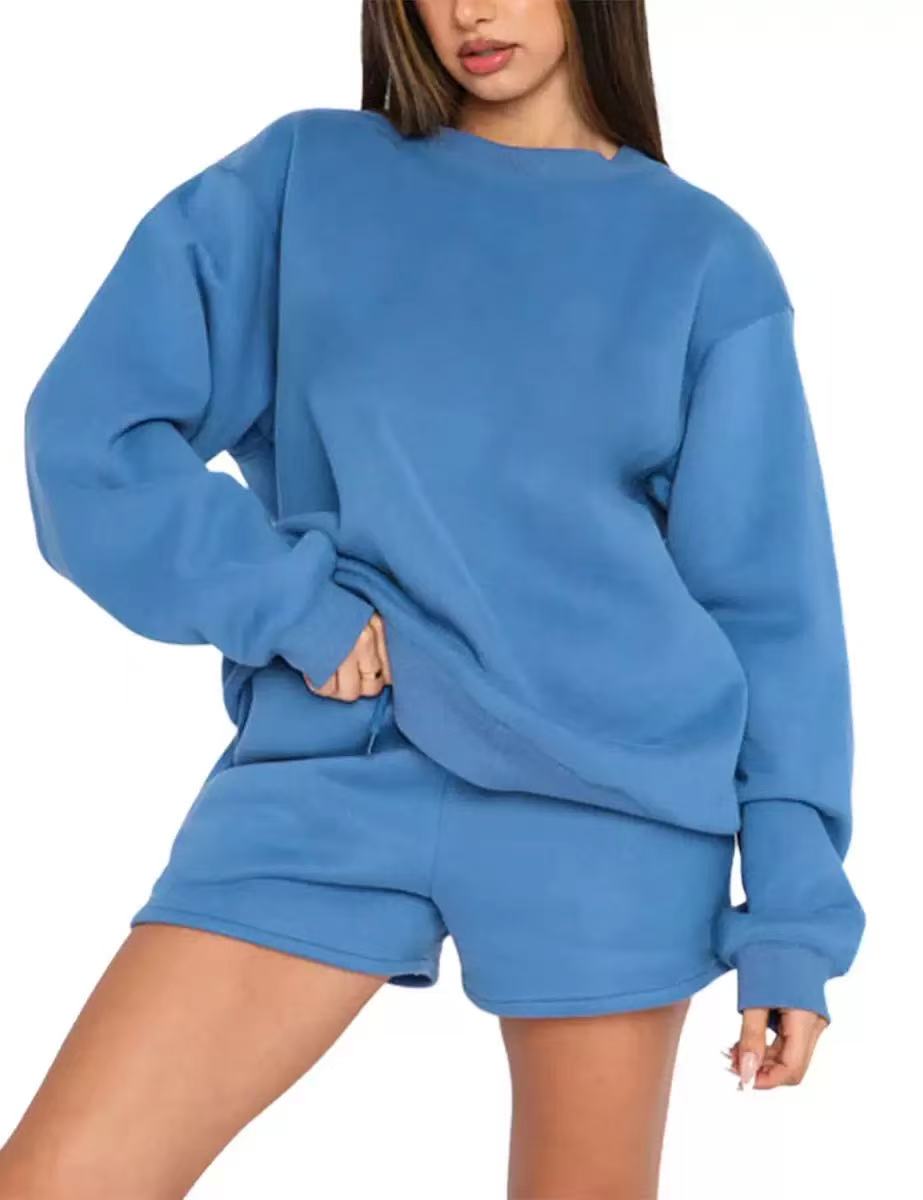 Women’s Solid Color Sweatshirt and Shorts Set, Long Sleeve