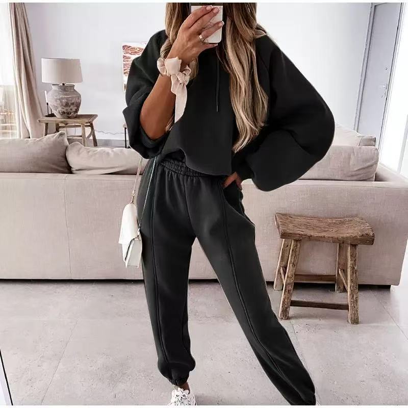Women’s Casual Hoodie and Pants Set, Solid Color Outfit