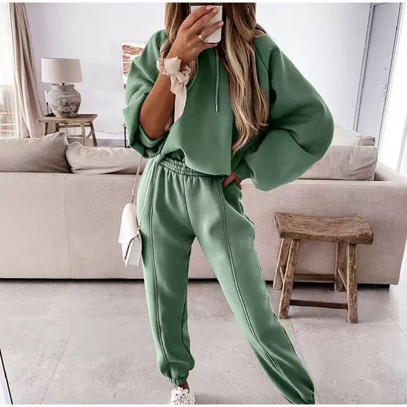 Women’s Casual Hoodie and Pants Set, Solid Color Outfit