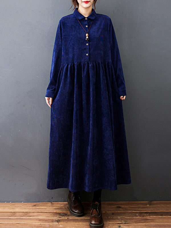 Vintage Split-Joint Solid Color Long Sleeves Lapel A-Line Corduroy Midi Dress