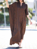 Batwing Sleeves Half Sleeves Buttoned Pockets Striped Round-Neck Beach Cover-Up Maxi Dresses