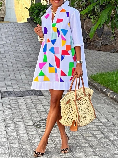 A-Line Half Sleeves Contrast Color Stand Collar Mini Dresses