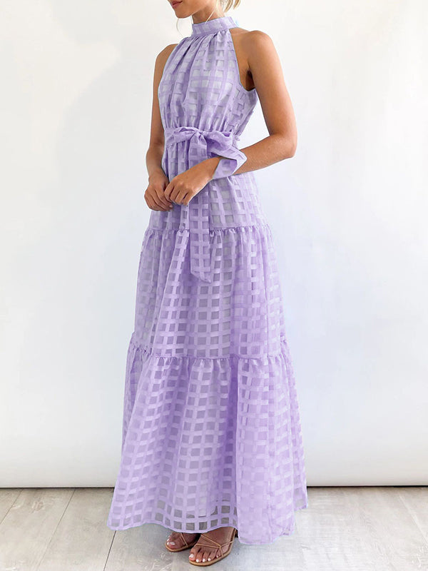 Loose Sleeveless Plaid Ribbed Stand Collar Maxi Dresses