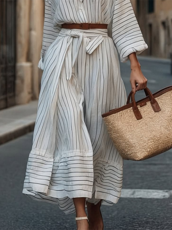 Long Sleeves Loose Belted Buttoned Striped Notched Collar Midi Dresses Shirt Dress