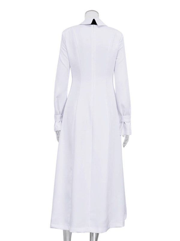 A-Line Flared Sleeves Buttoned Solid Color Split-Joint Split-Side Lapel Maxi Dresses Shirt Dress