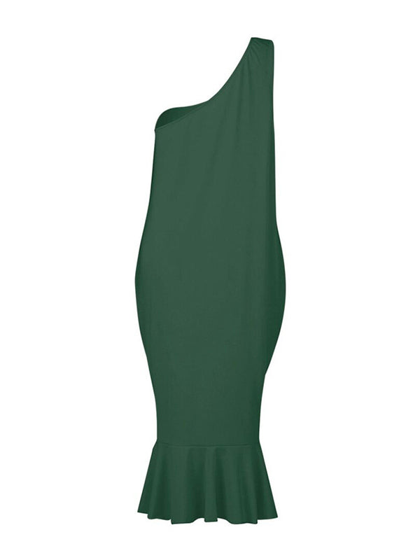 Bodycon High Waisted Asymmetric Pleated Solid Color One-Shoulder Midi Dresses