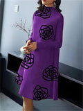 A-Line Long Sleeves Flower Print Mock Neck Midi Dresses