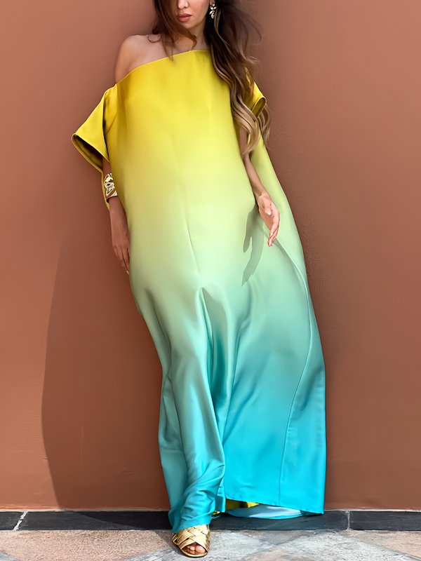 Loose Short Sleeves Gradient One-Shoulder Maxi Dresses