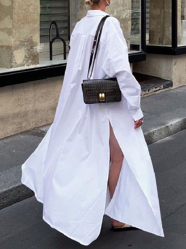 Long Sleeves Loose Buttoned Solid Color Split-Side Lapel Maxi Shirt Dress