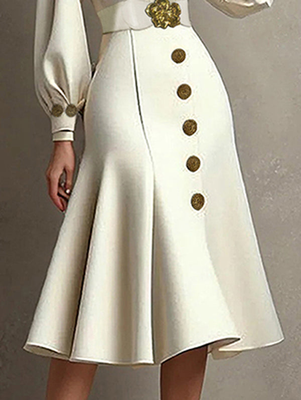 Loose Puff Sleeves Pleated Split-Joint Tied Waist V-Neck Midi Dresses