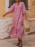 Half Sleeves Loose Buttoned Printed Stand Collar Midi Dresses