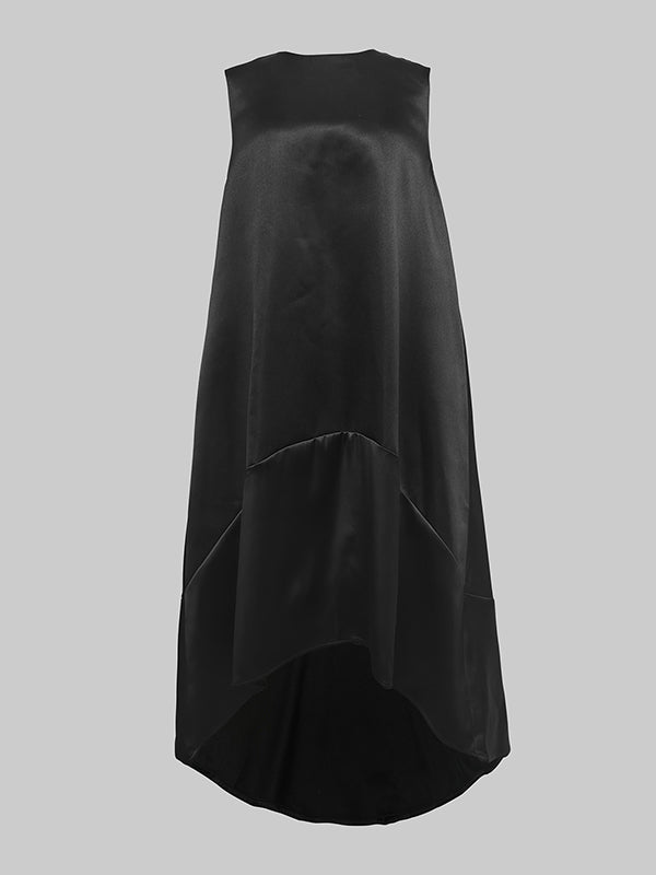 High-Low Loose Solid Color Split-Joint Round-Neck Midi Dresses
