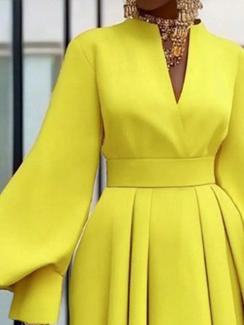 A-Line Long Sleeves Pleated Solid Color V-Neck Mini Dresses