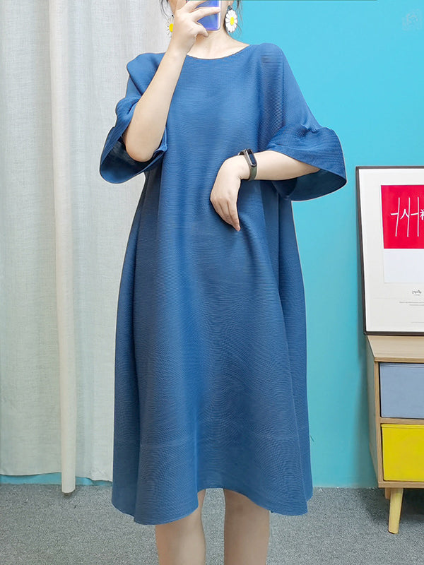 A-line Flared Sleeves Pleated Solid Color Round-neck Maxi Dresses Midi Dresses
