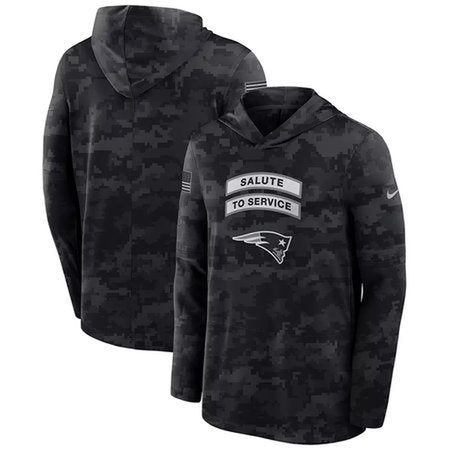 Men’s New England Patriots Black 2026 Salute to Service Sideline Lightweight Dri-FIT Long Sleeve Top Hoodie