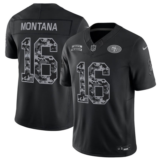 Men’s San Francisco 49ers #16 Joe Montana 2026 Salute to Service Black Limited Stitched Jersey